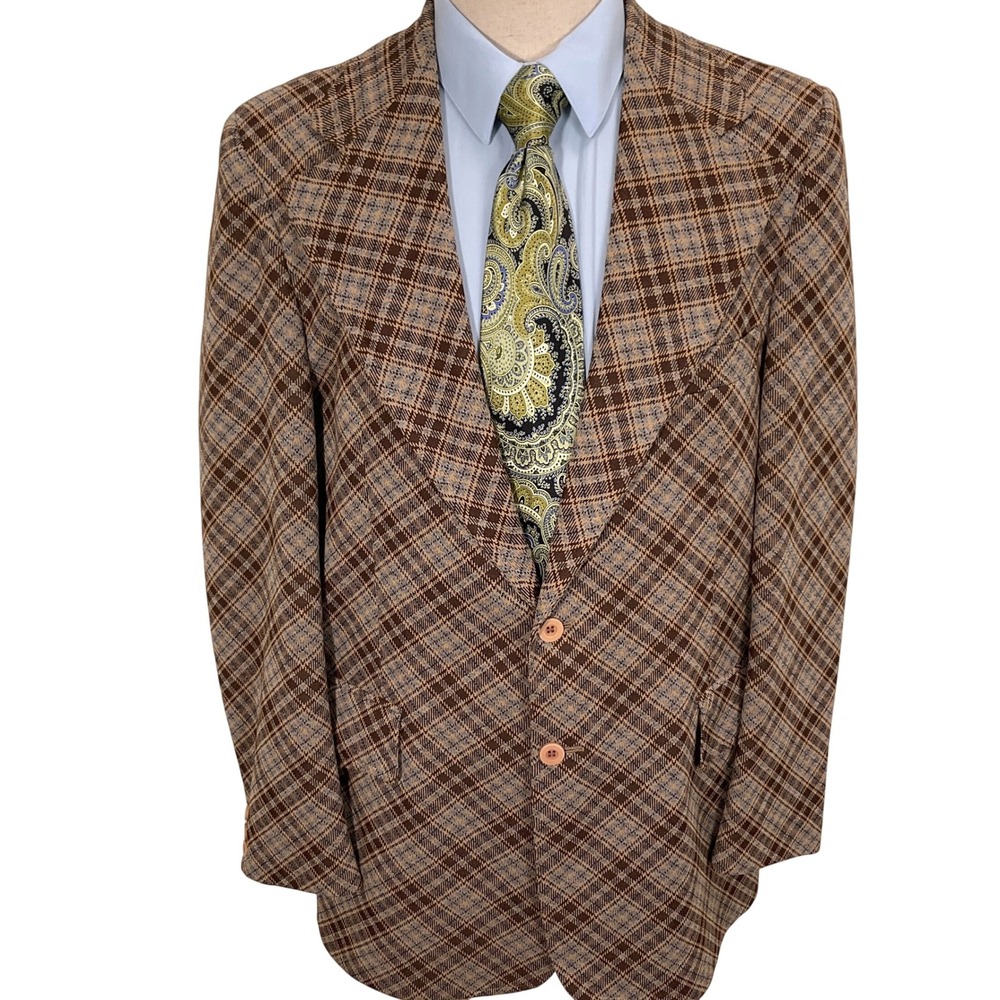 MTG Easy Livin Blazer Men 40 Brown Gray Plaid Diamond 70s Double Knit Jacket VTG